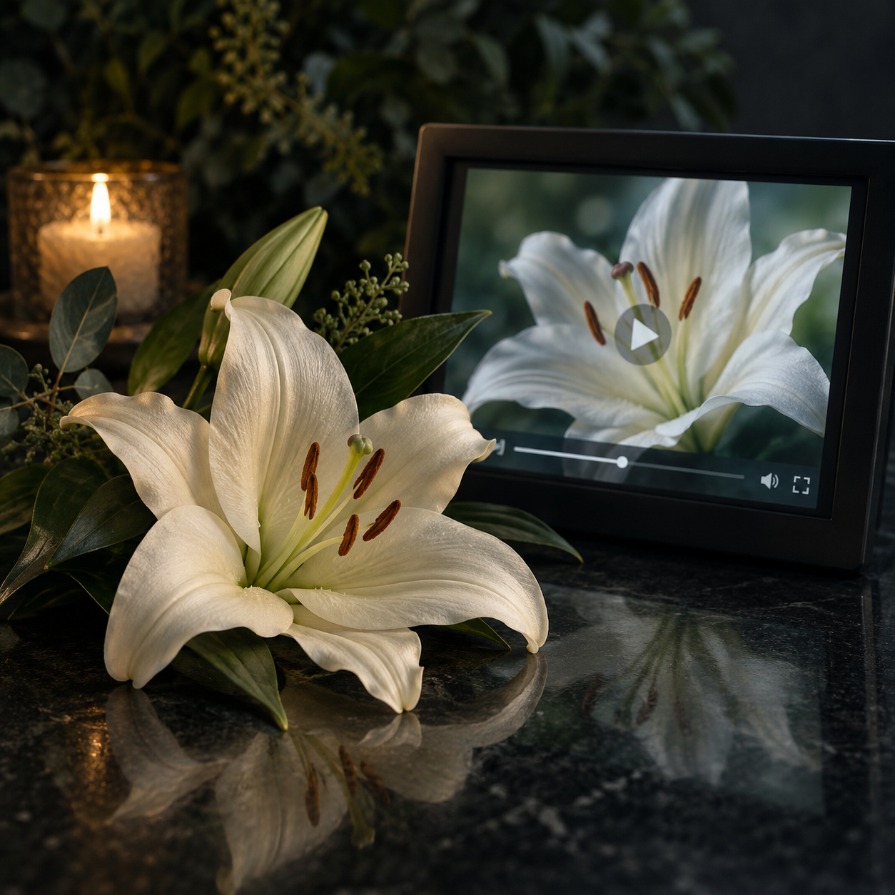 A white lily beside a glowing digital-video screen displaying the same flower